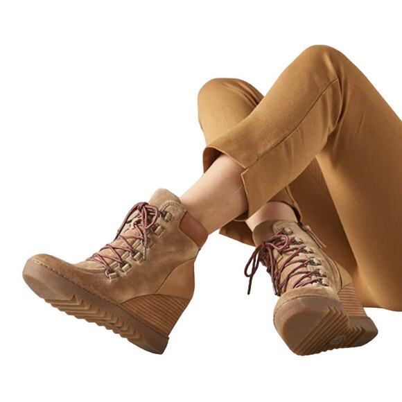 Sofft Underlyn Wedge Heel Boots Size 11M Tan Suede Leather Lace Up Side Zip - Picture 1 of 16
